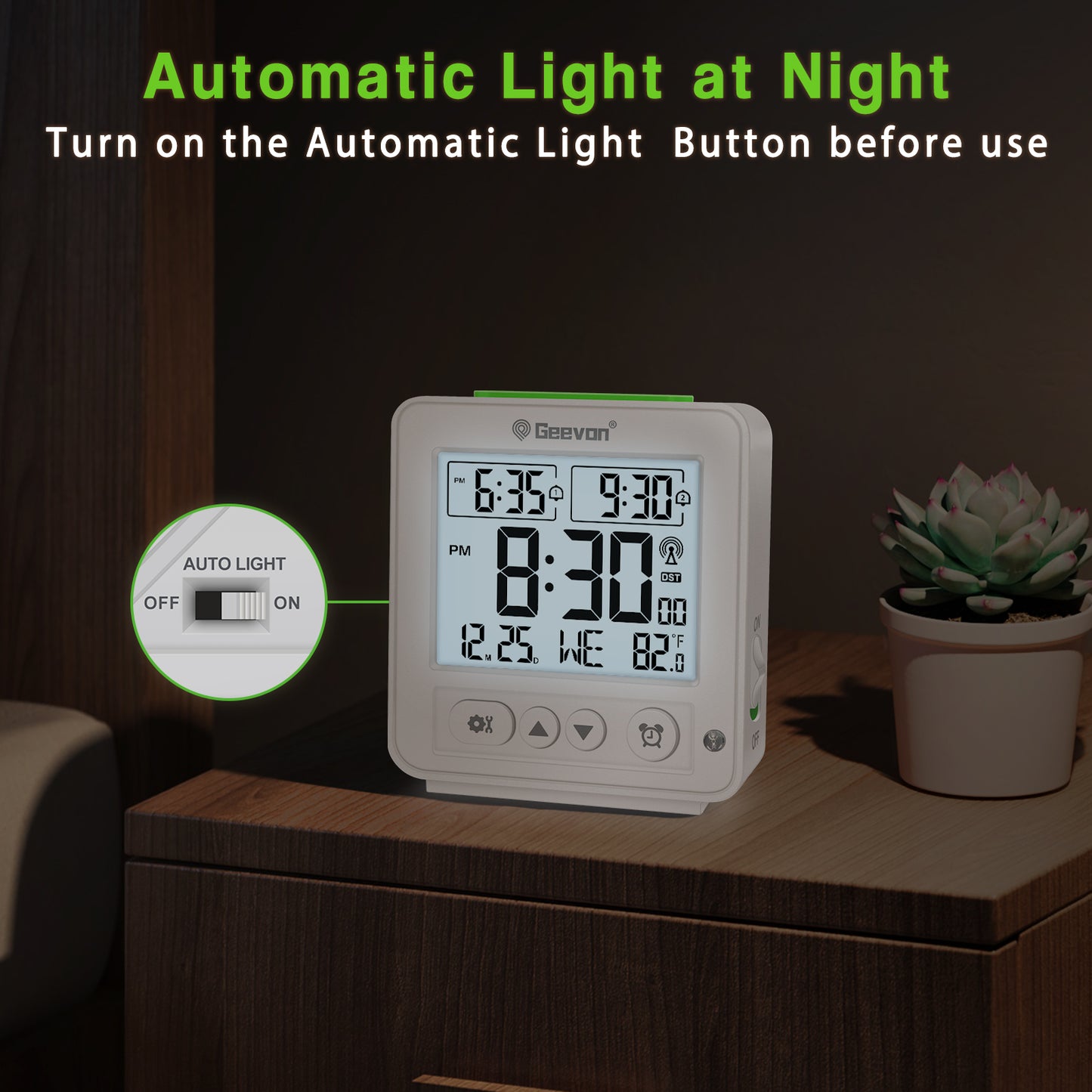 Geevon Small Digital Atomic Alarm Clock for Bedroom, Battery Operated Travel Alarm Clock with Auto/8s Backlight, 2 Alarm, Temperature, for Deep Sleepers Kids Elderly Home Office(White)