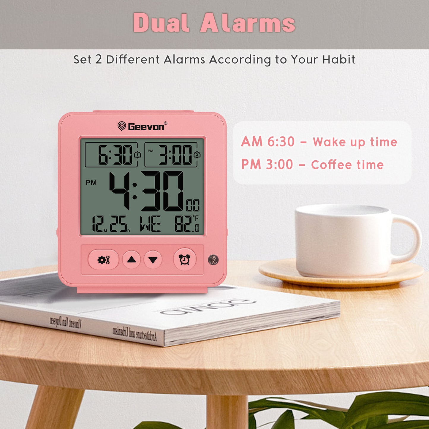 Geevon Smart Night Light Small Digital Alarm Clock with 2 Increasing Beep Alarm, Indoor Temperature, Battery Operated Travel Alarm Clock for Bedroom, Bedside, Desk(Pink)