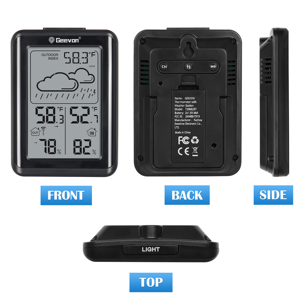 Geevon Indoor Outdoor Thermometer Wireless, Digital Temperature Humidity Monitor with Large Display, Thermohygrometer with Weather, 3 Channel, Mold/Dew/Heat, 10s Backlight, 200FT/60M Range