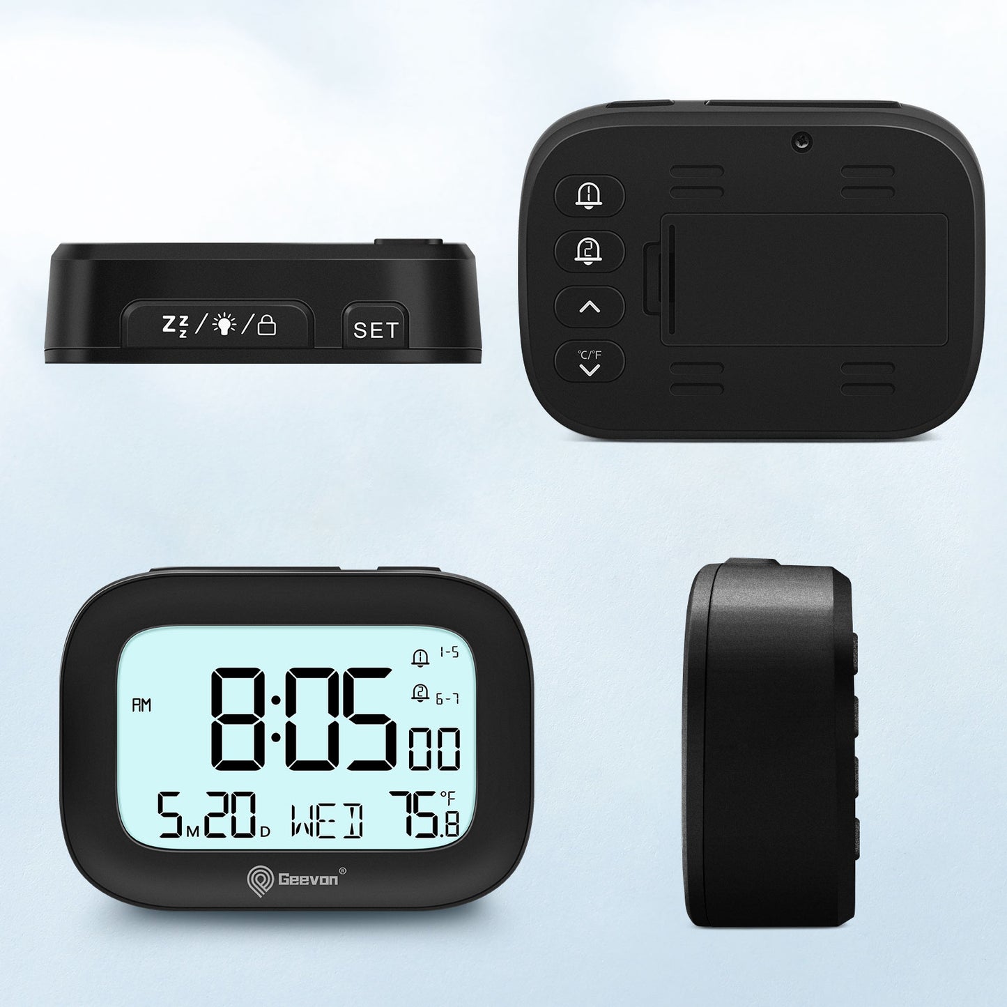 Geevon Small Travel Alarm Clock, Digital Alarm Clocks for Bedrooms Home Office, Battery Operated Desk Clock with 3 Inch Large Display, 2 Alarms, 5s Backlight, Snooze, Indoor Temperature(Black)