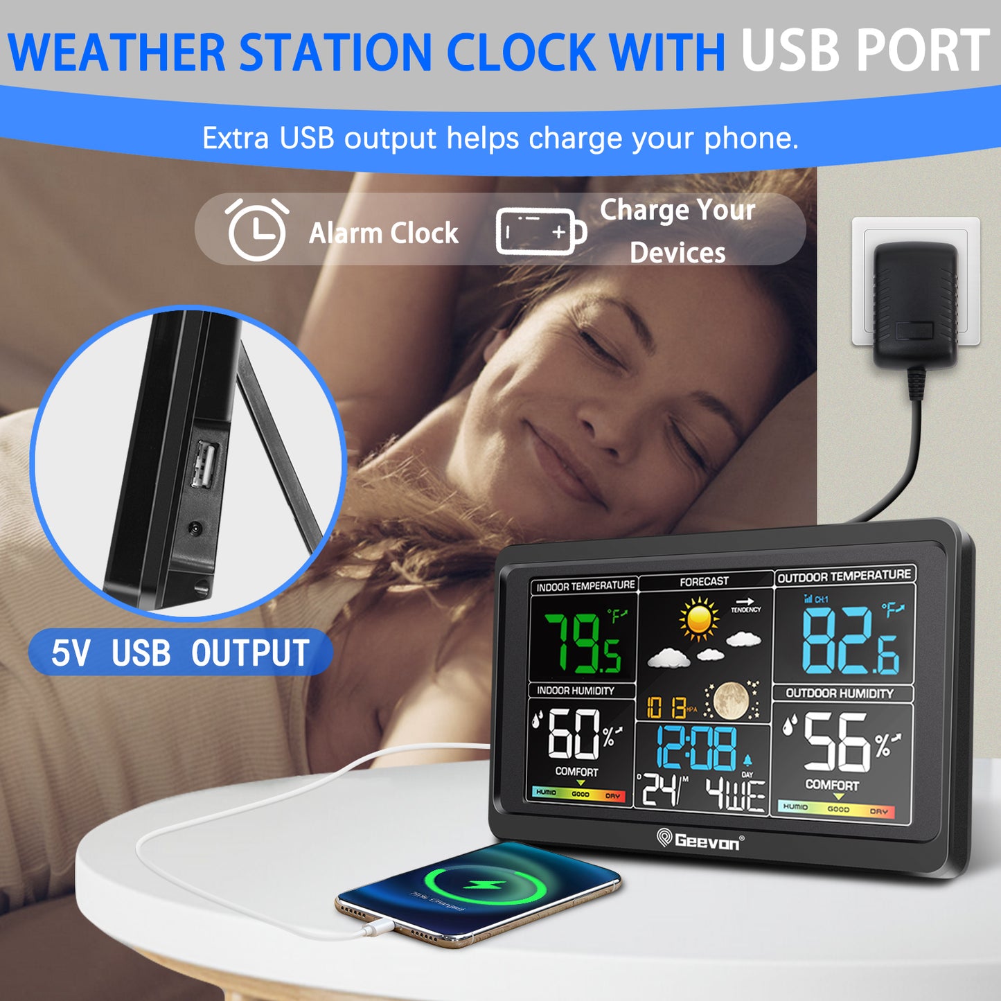 Geevon Weather Station Wireless Indoor Outdoor Thermometer, Color Display Digital Weather Thermometer with Atomic Clock, Barometric Pressure, Calendar, USB Charge, and Backlight