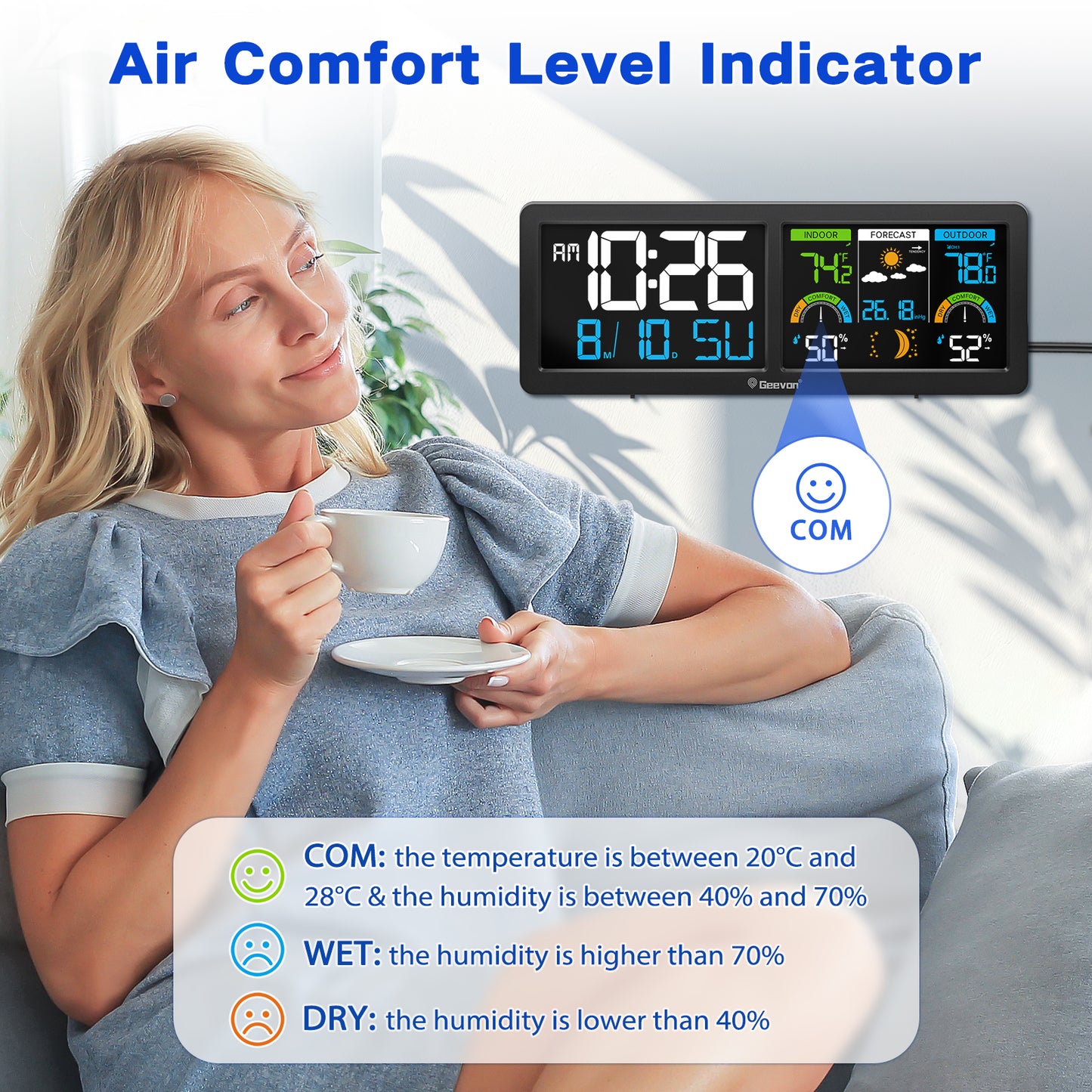 Geevon Weather Station Wireless Indoor Outdoor Thermometer, HD Color Display Digital Temperature Humidity Monitor with Barometer, Comfort Indicator, and Adjustable Backlight