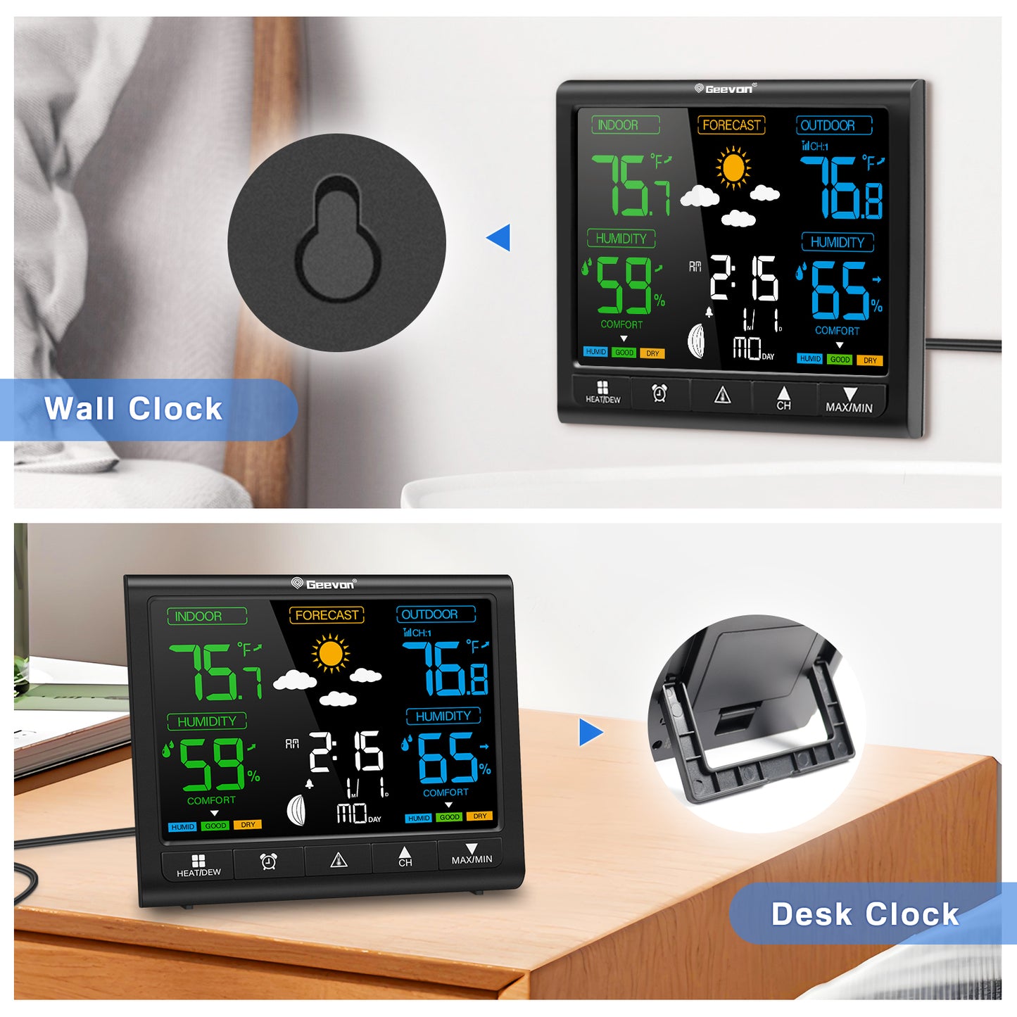 Geevon Weather Station Indoor Outdoor Thermometer Wireless, Digital Thermometer Temperature Humidity Monitor with Comfort Indicator, Adjustable Backlight, Alarm Clock and Calendar(350°view angle)