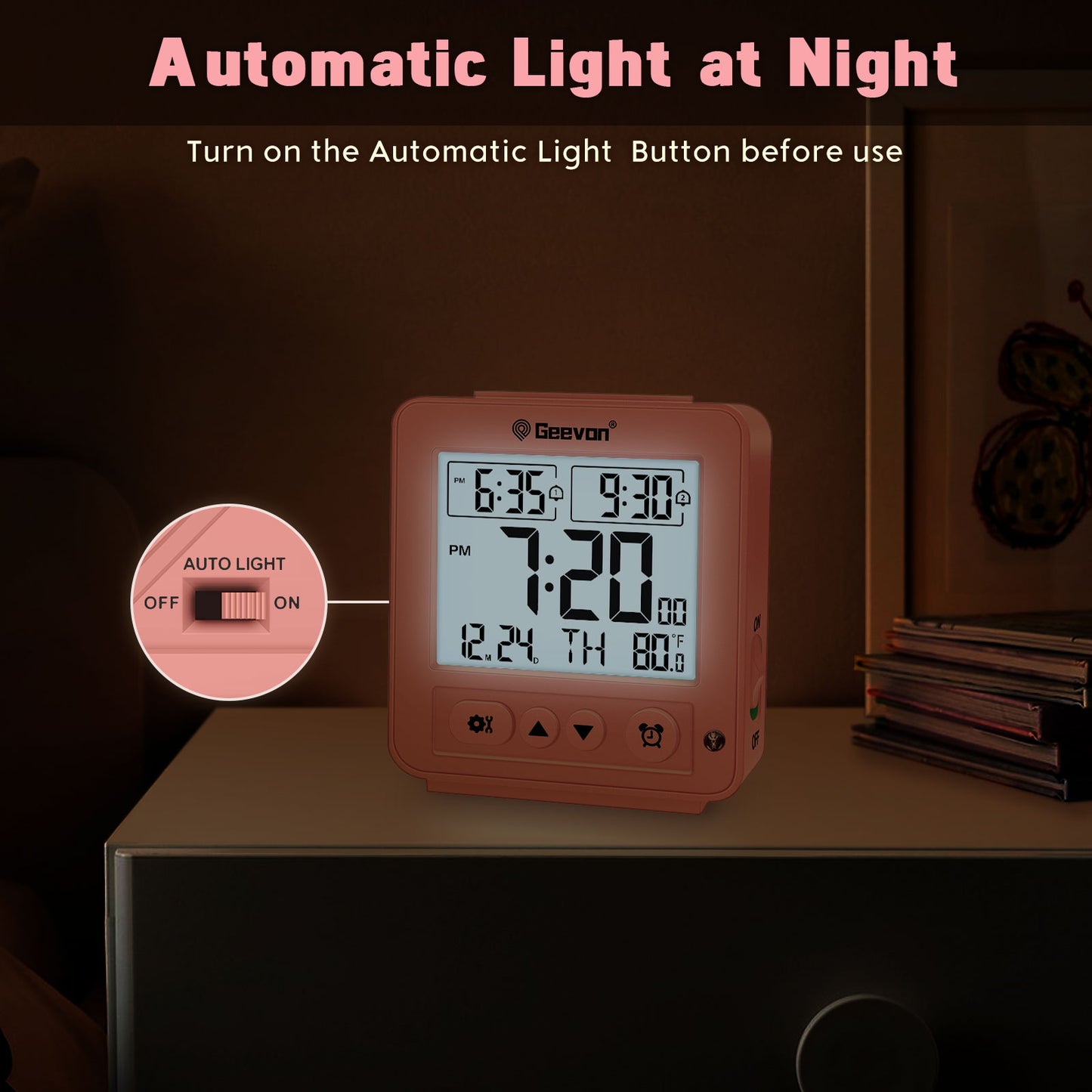 Geevon Smart Night Light Small Digital Alarm Clock with 2 Increasing Beep Alarm, Indoor Temperature, Battery Operated Travel Alarm Clock for Bedroom, Bedside, Desk(Pink)