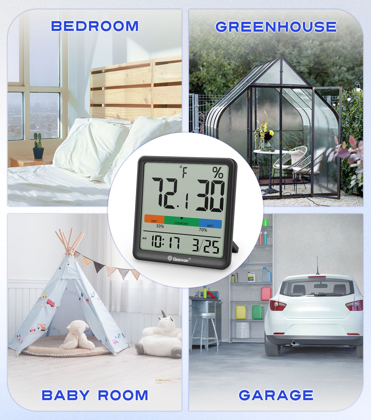 Geevon Digital Indoor Thermometer Hygrometer, Wireless Temperature Humidity Meter with Comfort Index, 1*AAA Battery, Calendar, Small Room Temperature Monitor for Home, Greenhouse, Bedroom(Black)