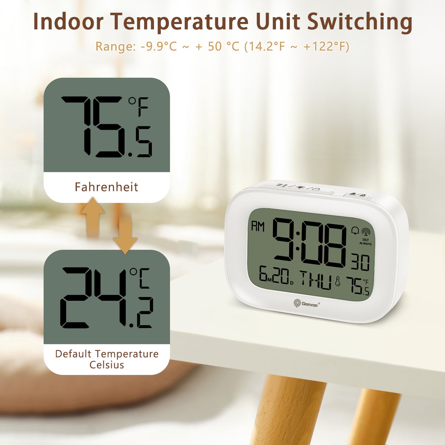 Geevon Small Digital Atomic Alarm Clock for Bedroom Heavy Sleepers, Mini Travel Alarm Clock with 10s Backlight, 12/24H, Temp, Suitable for Kids Teens Adult Boy Girl(White)