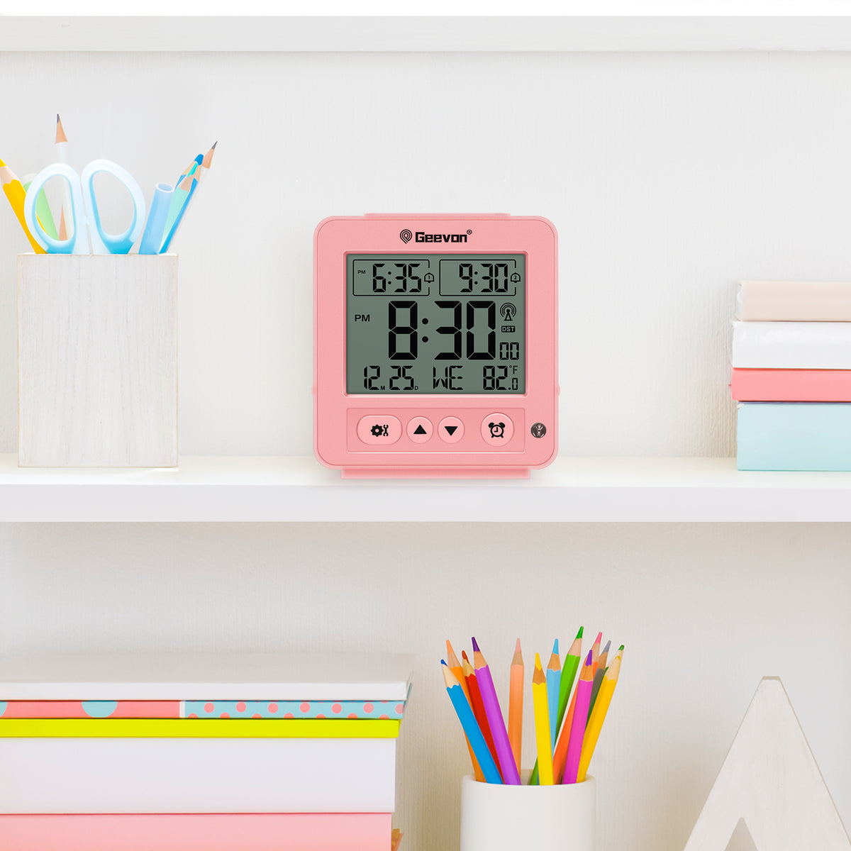 Geevon Small Digital Atomic Alarm Clock for Bedroom, Battery Operated Travel Alarm Clock with Auto/8s Backlight, 2 Alarm, Temperature, for Deep Sleepers Kids Elderly Home Office(Pink)