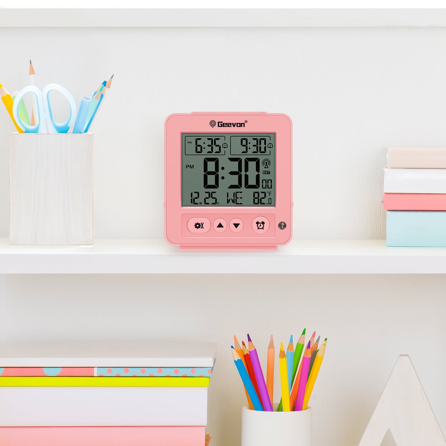 Geevon Small Digital Atomic Alarm Clock for Bedroom, Battery Operated Travel Alarm Clock with Auto/8s Backlight, 2 Alarm, Temperature, for Deep Sleepers Kids Elderly Home Office(Pink)