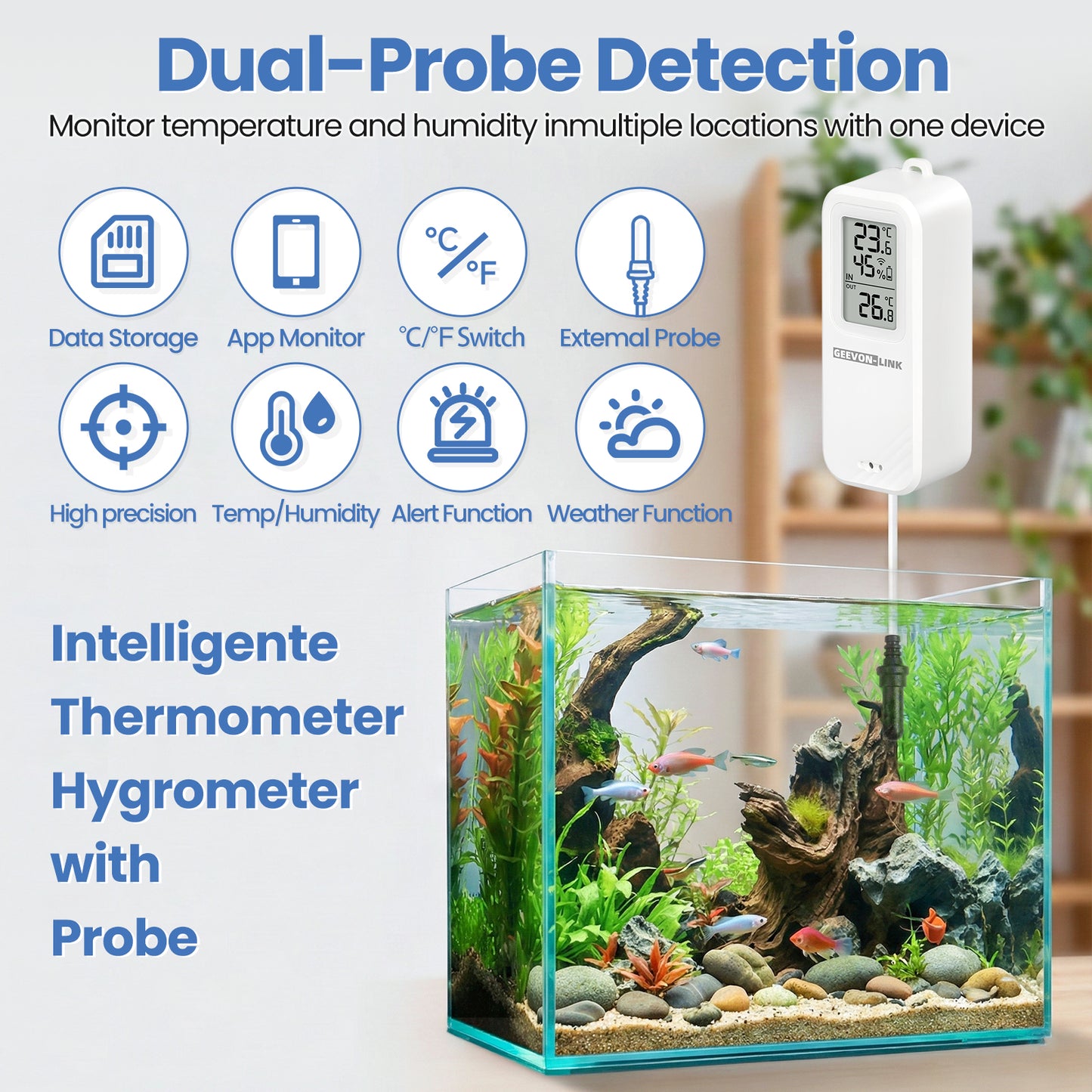 Geevon WiFi Refrigerator Thermometer with Alarm, Freezer Temperature with Probe, Wireless Digital Fridge Thermometer Humidity Sensor, Historical Data Export, for Home Kitchen Fridge Tub(1 Pack)
