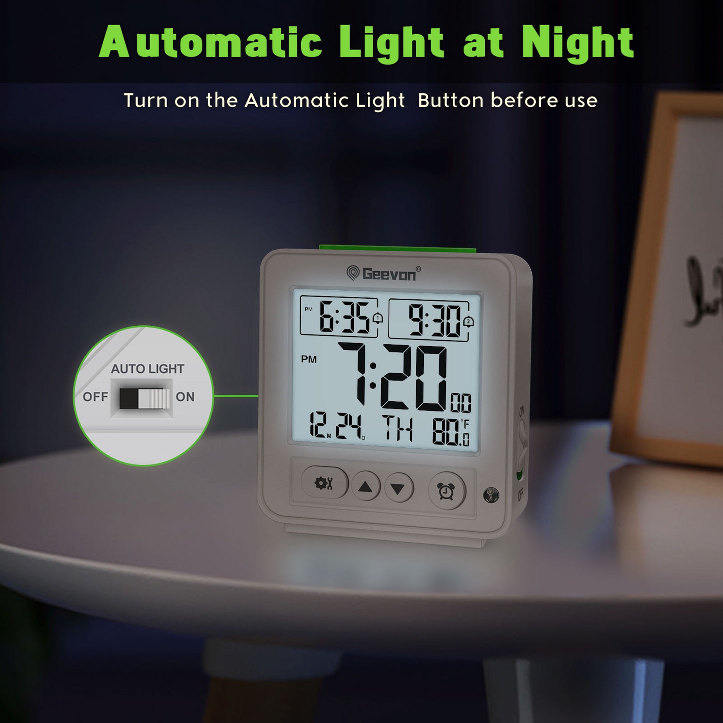 Geevon Smart Night Light Small Digital Alarm Clock with 2 Increasing Beep Alarm, Indoor Temperature, Battery Operated Travel Alarm Clock for Bedroom, Bedside, Desk(White)