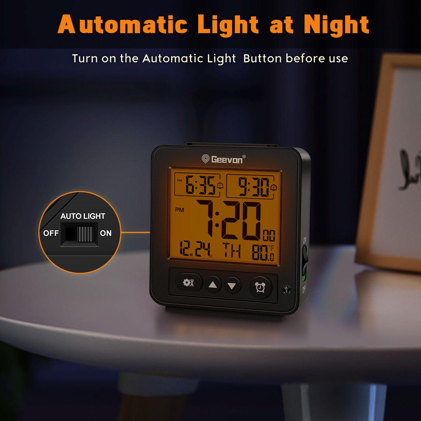 Geevon Smart Night Light Small Digital Alarm Clock with 2 Increasing Beep Alarm, Indoor Temperature, Battery Operated Travel Alarm Clock for Bedroom, Bedside, Desk(Black)