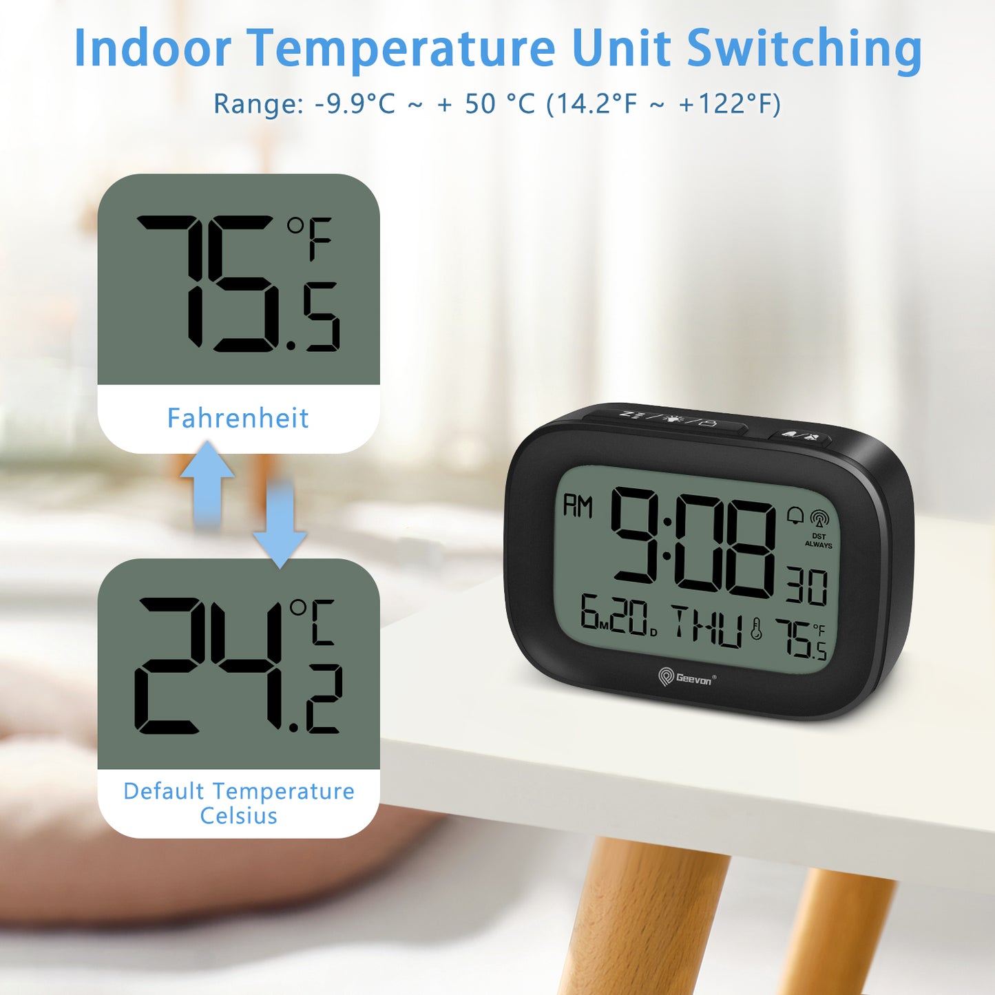 Geevon Small Digital Atomic Alarm Clock for Bedroom Heavy Sleepers, Mini Travel Alarm Clock with 10s Backlight, 12/24H, Temp, Suitable for Kids Teens Adult Boy Girl(Black)