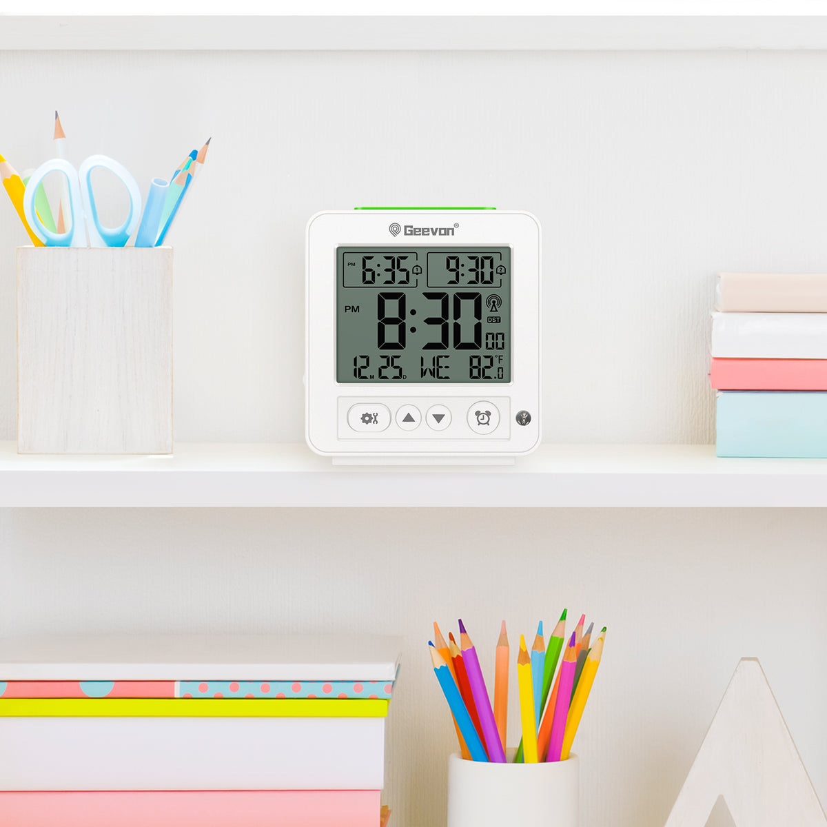 Geevon Small Digital Atomic Alarm Clock for Bedroom, Battery Operated Travel Alarm Clock with Auto/8s Backlight, 2 Alarm, Temperature, for Deep Sleepers Kids Elderly Home Office(White)