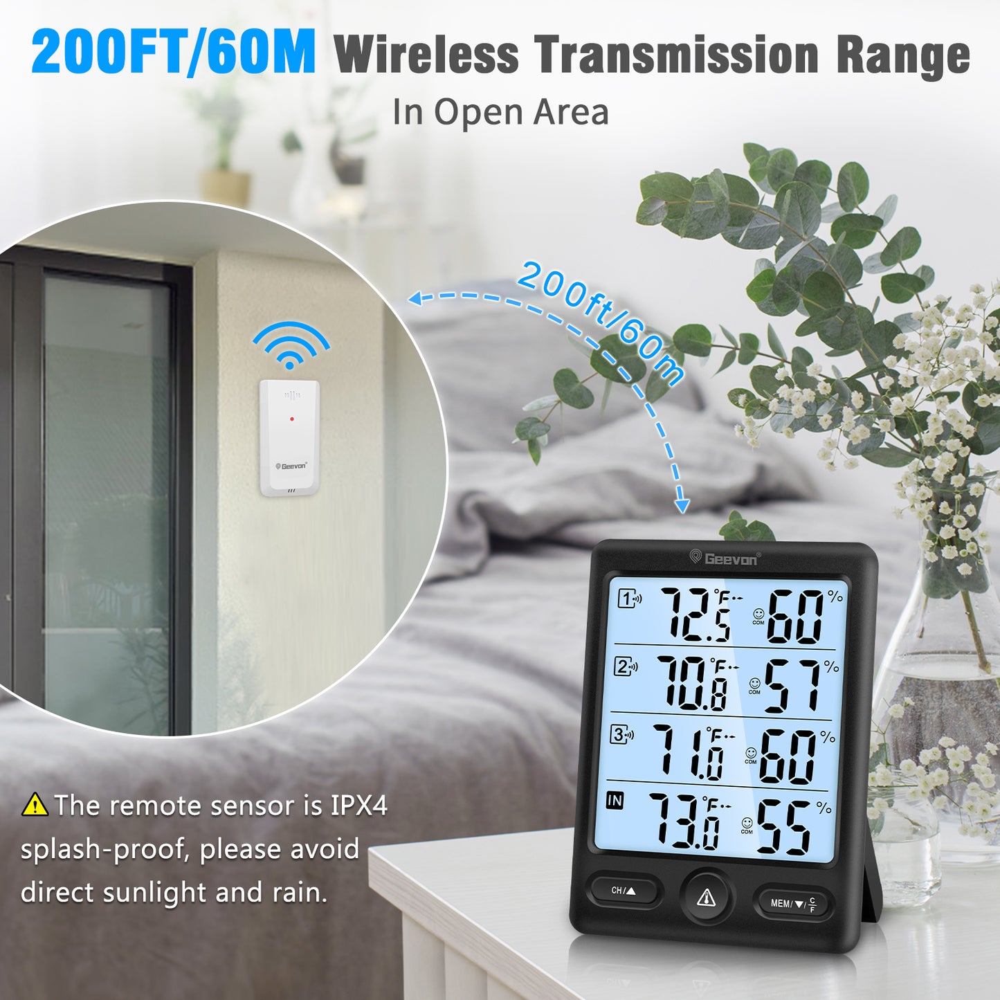 Geevon Indoor Outdoor Thermometer Wireless, 5-Inch Display with 3 Remote Sensors Wireless Thermohygrometer, Digital Temperature Humidity Meter with 200FT/60M Range(Black Backlight)
