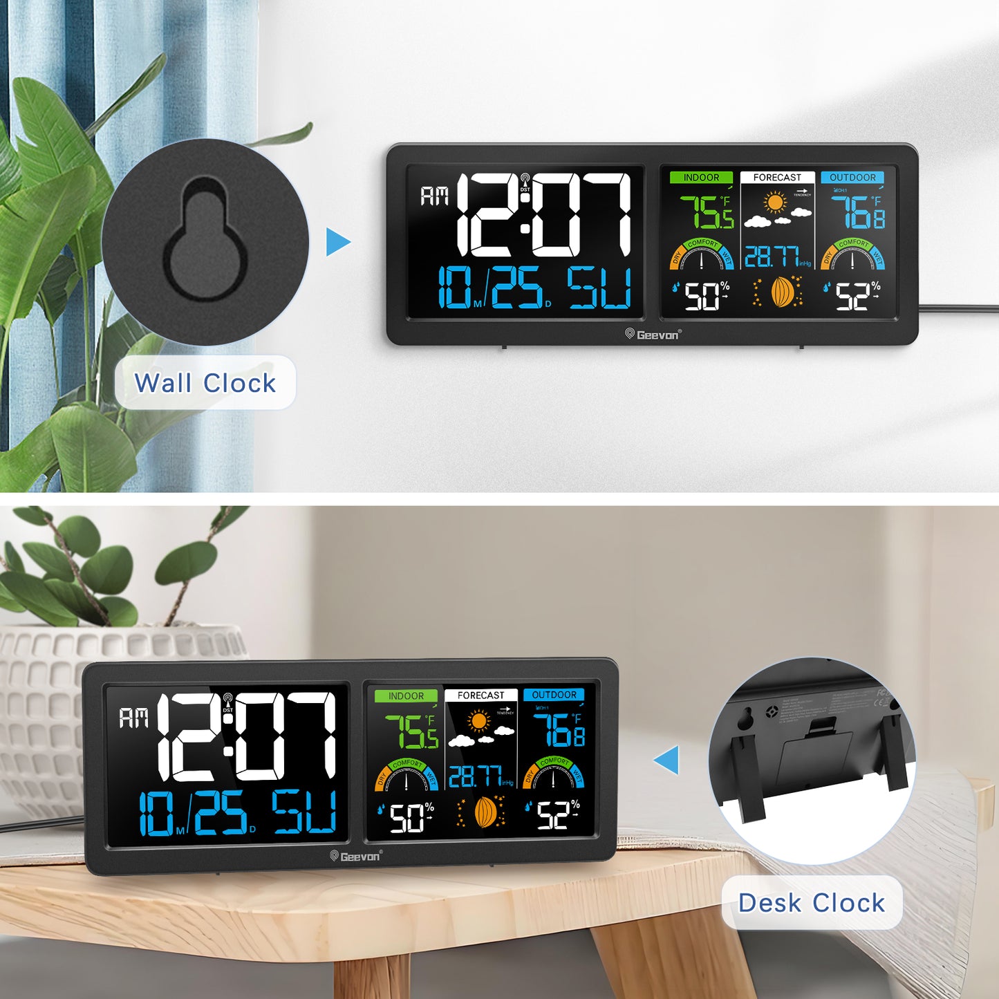 Geevon Weather Station Wireless Indoor Outdoor Thermometer with Atomic Clock, HD Color Display Digital Temperature Humidity Monitor with Barometer, Comfort Indicator, and Adjustable Backlight