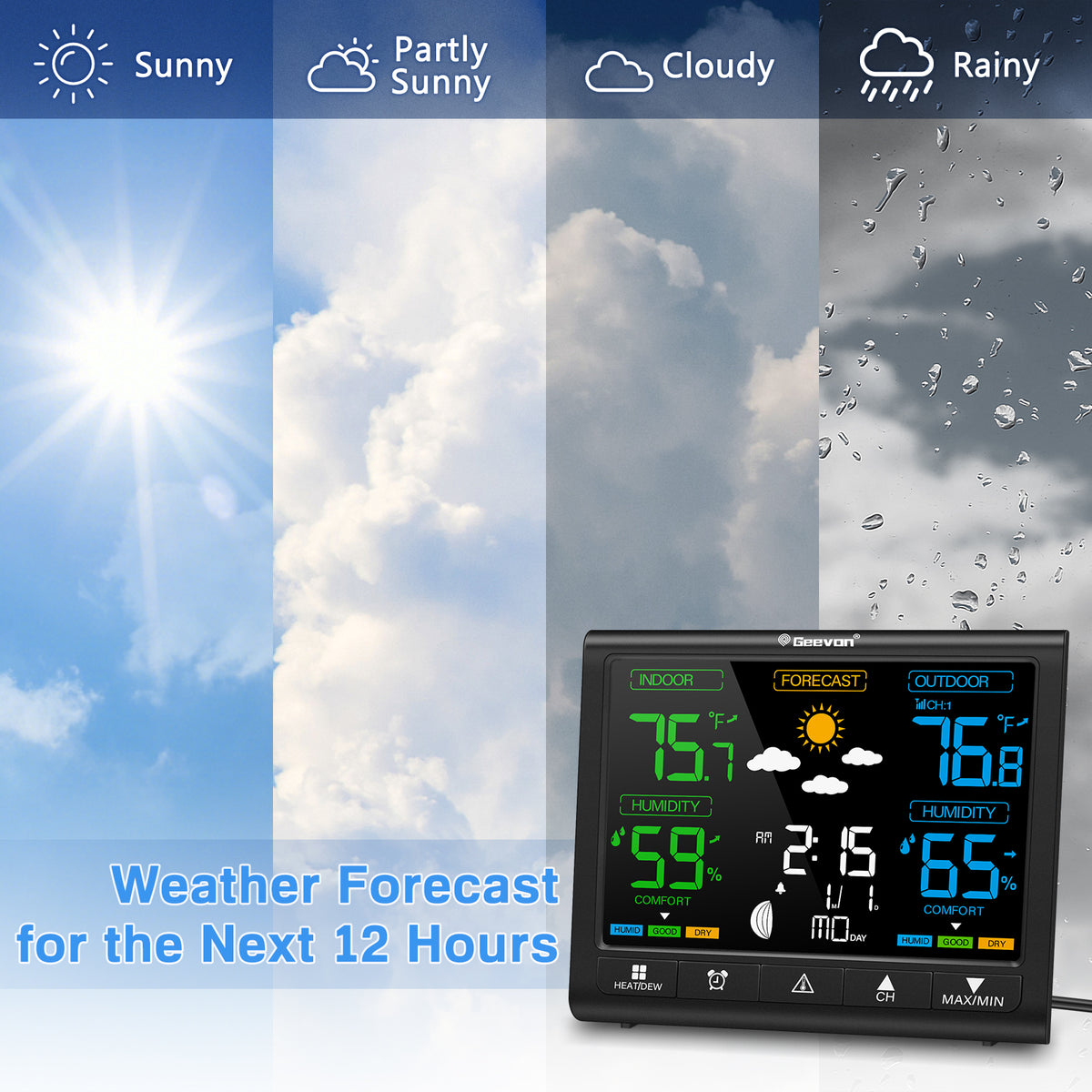 Geevon Weather Station Indoor Outdoor Thermometer Wireless, Digital Thermometer Temperature Humidity Monitor with Comfort Indicator, Adjustable Backlight, Alarm Clock and Calendar(350°view angle)