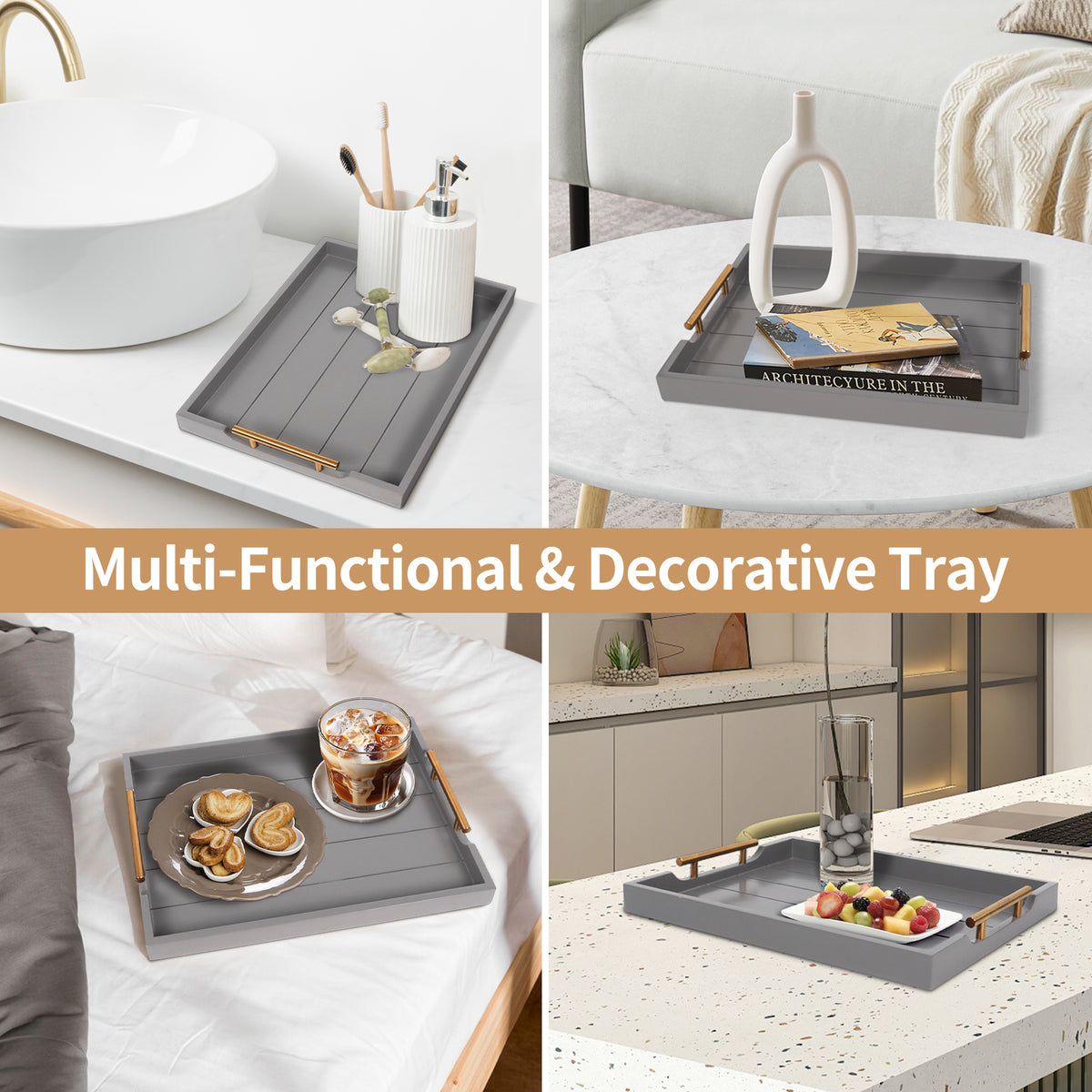 Sxnows Coffee Table Trays - Large Ottoman Tray for Living Room -Wood Serving Tray with 2 Sets of Handles - Wooden Tray for Coffee Table, 4 Round Coasters Included(Gray)