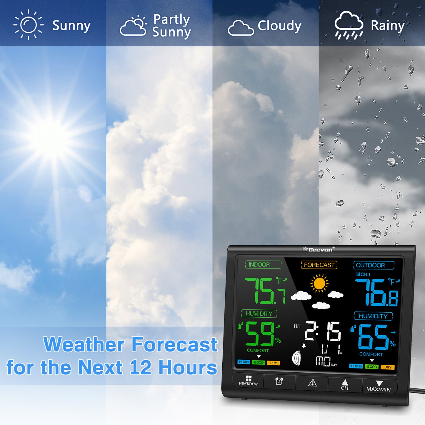 Geevon Weather Station Indoor Outdoor Thermometer Wireless, Digital Thermometer Temperature Humidity Monitor with Comfort Indicator, Adjustable Backlight, Alarm Clock and Calendar(350°view angle)