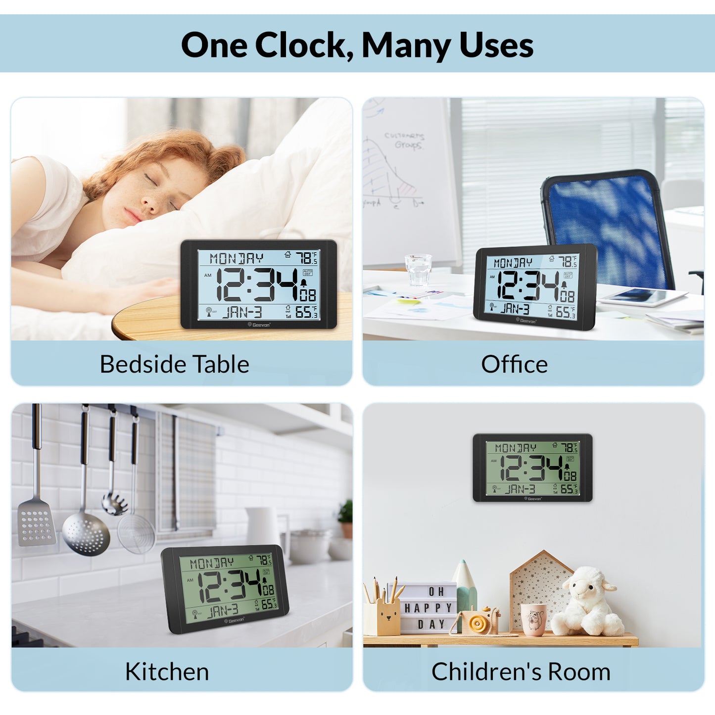 Geevon 10.8'' Atomic Clock with Indoor Outdoor Temperature, Large Display Digital Wall Clock with Wireless Sensor, for Bedroom, Office, Kitchen, Living Room, Easy for Seniors to Read