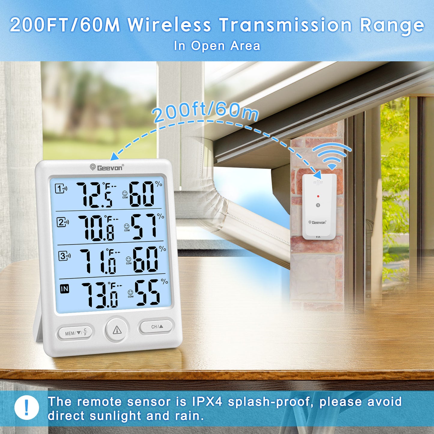 Geevon Indoor Outdoor Thermometer Wireless, 5-Inch Display with 3 Remote Sensors Wireless Thermohygrometer, Digital Temperature Humidity Meter with 200FT/60M Range(White Backlight)