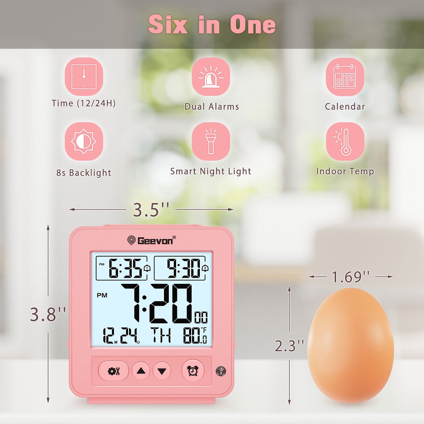 Geevon Smart Night Light Small Digital Alarm Clock with 2 Increasing Beep Alarm, Indoor Temperature, Battery Operated Travel Alarm Clock for Bedroom, Bedside, Desk(Pink)