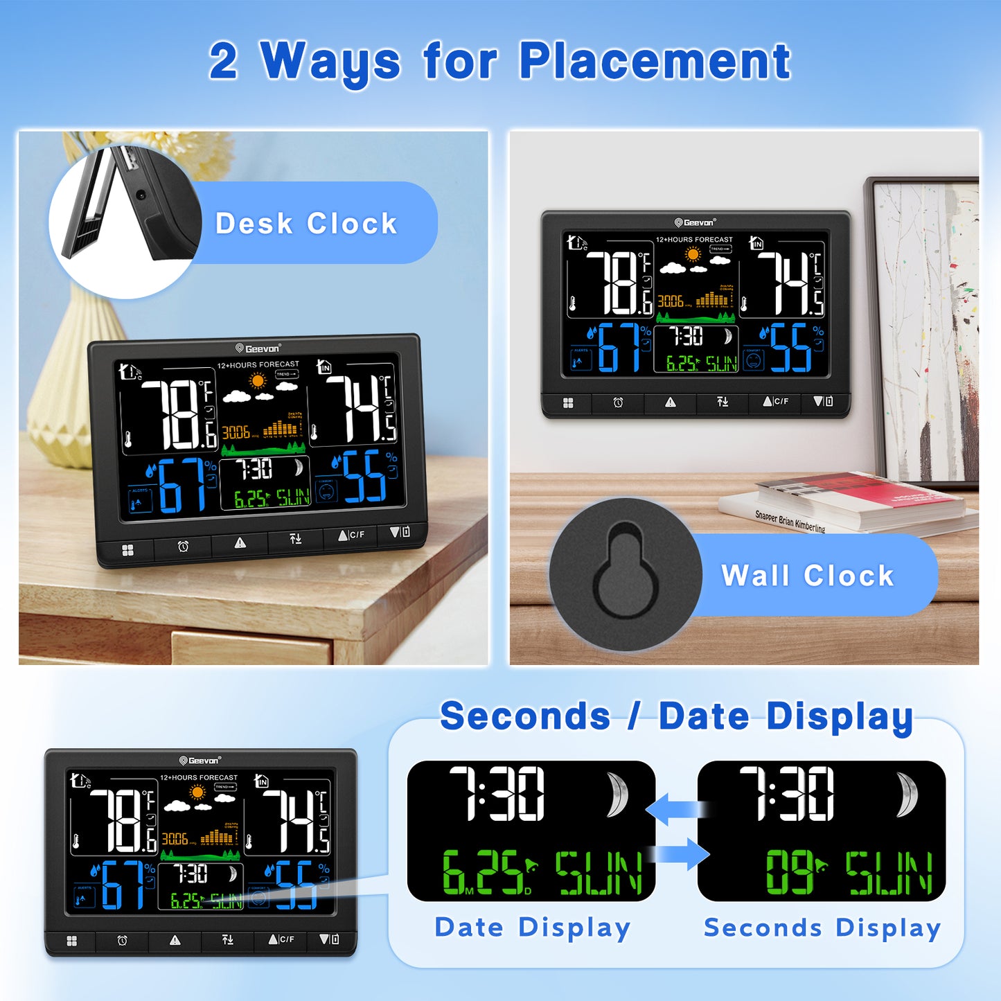 Geevon Weather Station Wireless Indoor Outdoor Thermometer with Atomic Clock, VA Color Display Digital Temperature Humidity Monitor with Barometer, Comfort Indicator, and Adjustable Backlight