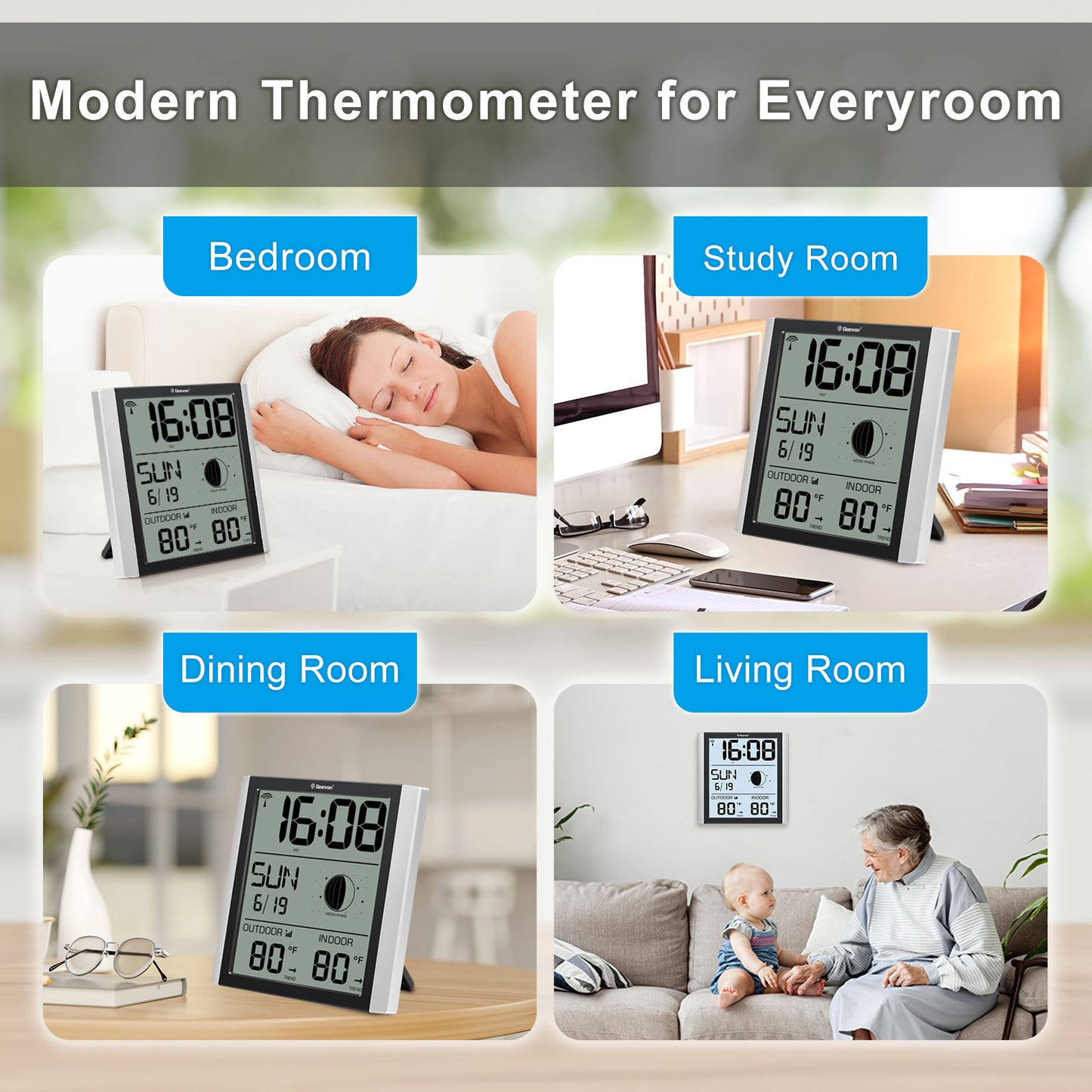 Geevon Digital Atomic Wall Clock with Moon Phase and Backlight, Silent Non-Ticking Atomic Clock with 8.8 Inch Large Display, Indoor Outdoor Temperature, Calendar for Home Office Bedroom Kitchen