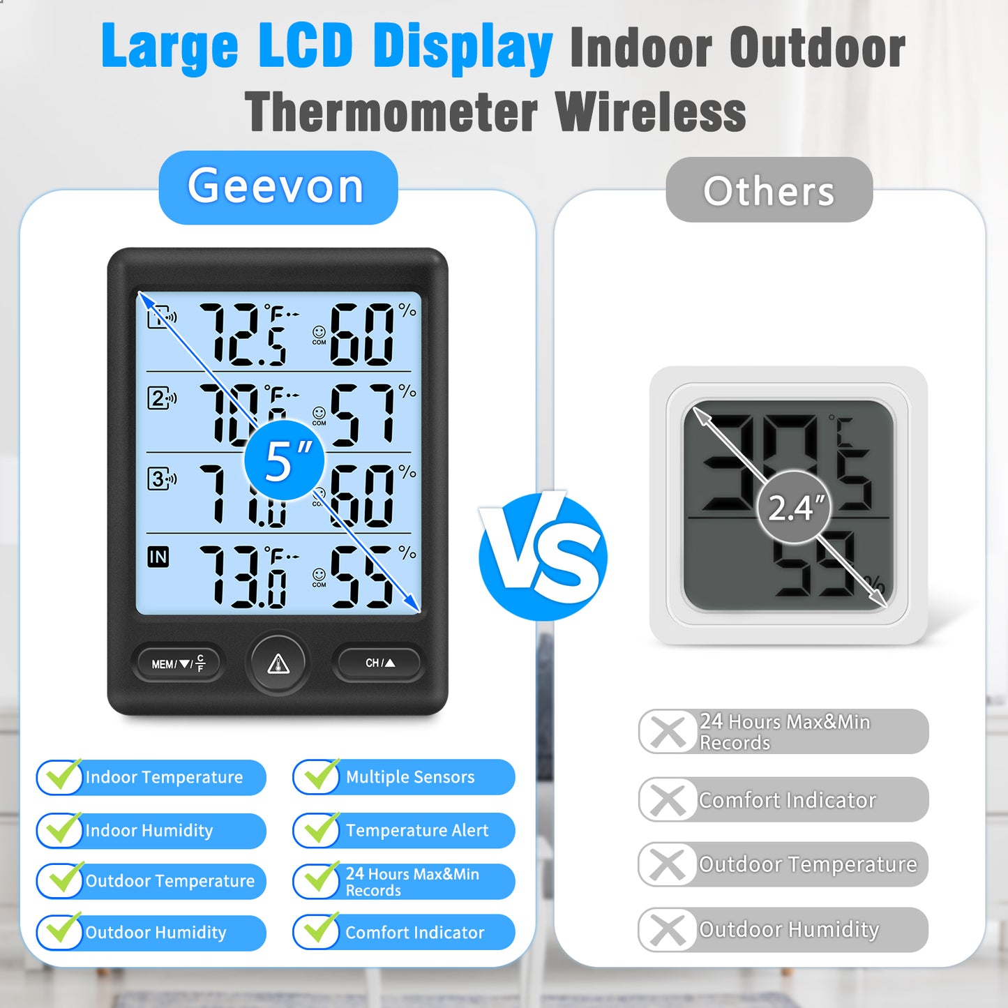Geevon Indoor Outdoor Thermometer Wireless, 5-Inch Display with 3 Remote Sensors Wireless Thermohygrometer, Digital Temperature Humidity Meter with 200FT/60M Range(Black Backlight)