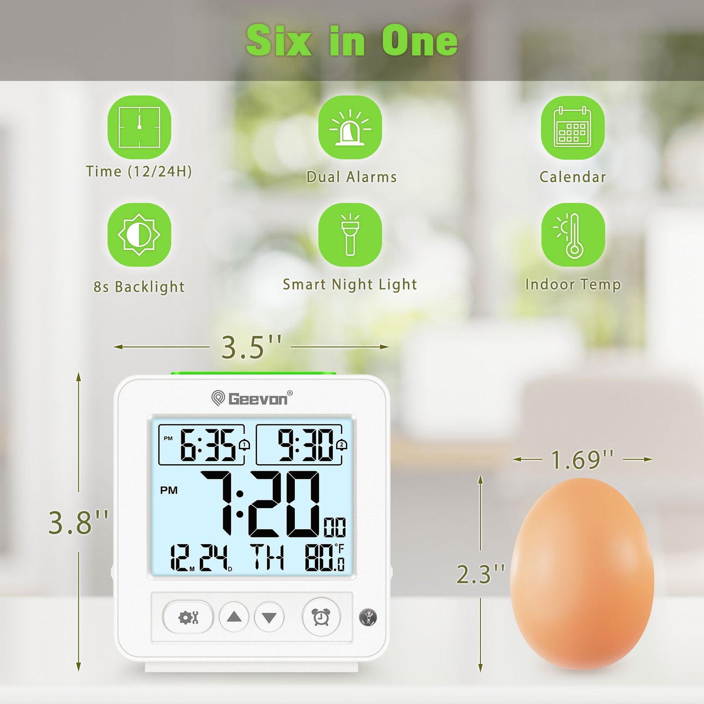 Geevon Smart Night Light Small Digital Alarm Clock with 2 Increasing Beep Alarm, Indoor Temperature, Battery Operated Travel Alarm Clock for Bedroom, Bedside, Desk(White)