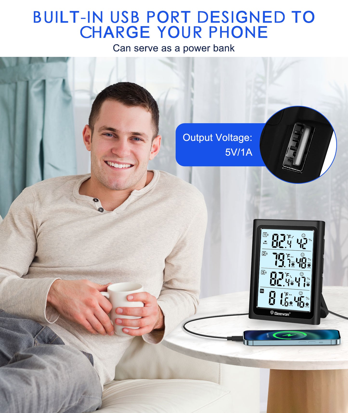 Geevon Indoor Outdoor Thermometer Digital Wireless with 3 Outdoor Sensors, Large LCD Display Digital Temperature Humidity Gauge with Backlight (LCD Display)