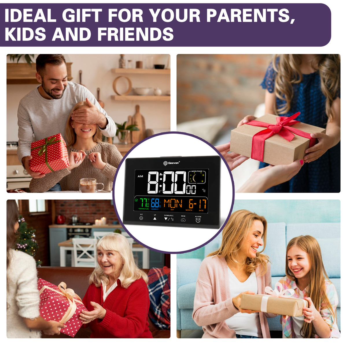 Geevon Digital Atomic Alarm Clocks for Bedrooms with Battery Backup, HD Color Display Atomic Lock with Backlight, 2 USB Ports, Indoor Temperature and Humidity, Moon Phases, Time, and Calendar