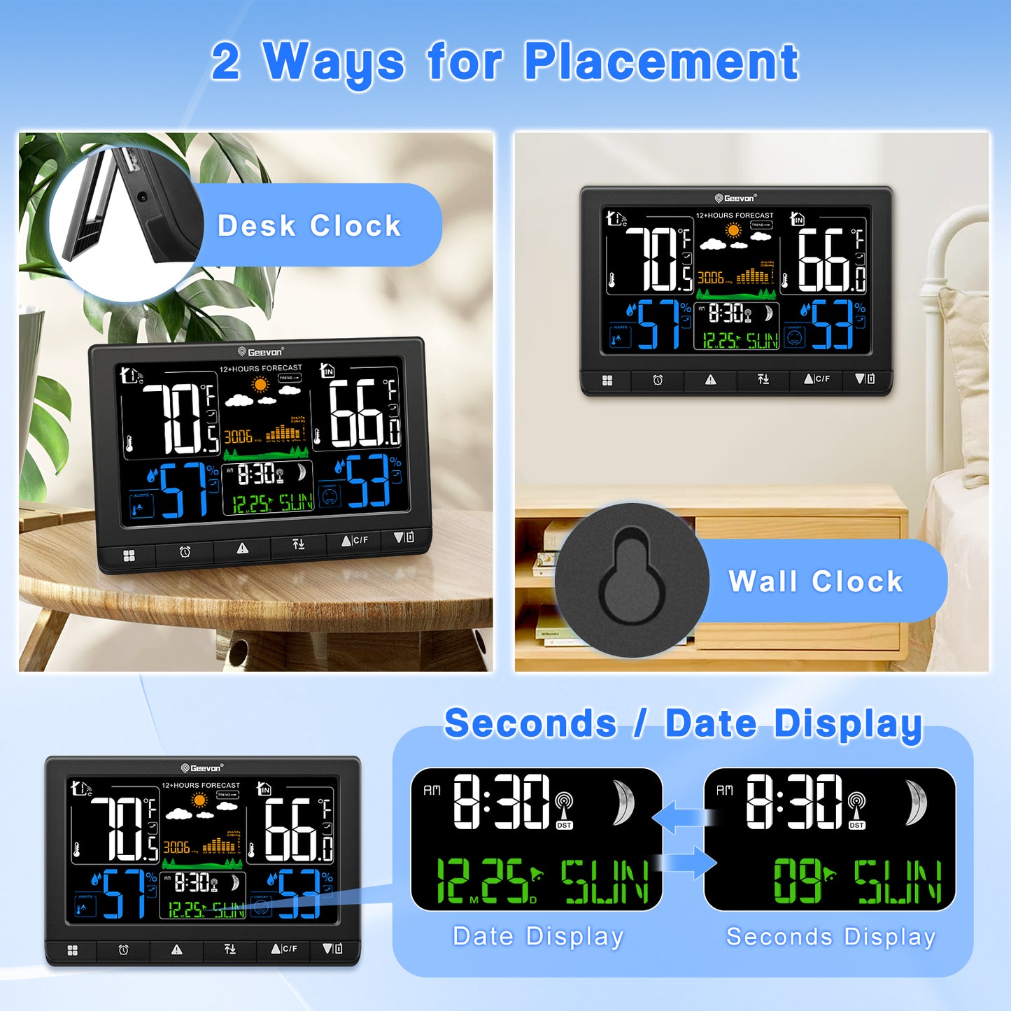 Geevon Weather Station Wireless Indoor Outdoor Thermometer with Atomic Clock, VA Color Display Digital Temperature Humidity Monitor with Barometer, Comfort Indicator, and Adjustable Backlight