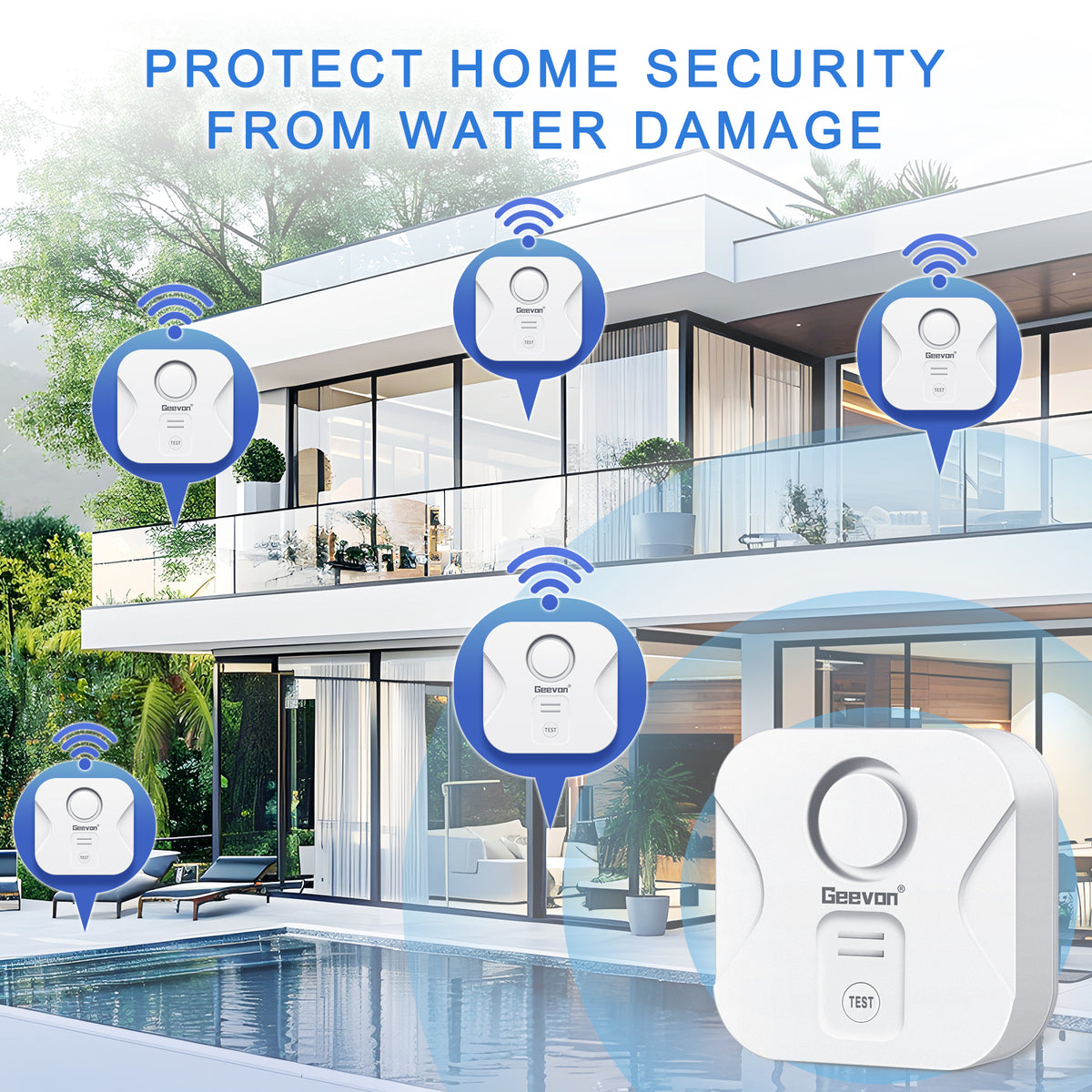 Geevon 5 Pack Water Leak Detectors for Home, 100dB Loud Water Sensor Alarm Leak Detectors with Drip Alert for Kitchen, Basements, Laundry Rooms, IP56 Waterproof(Battery Included)