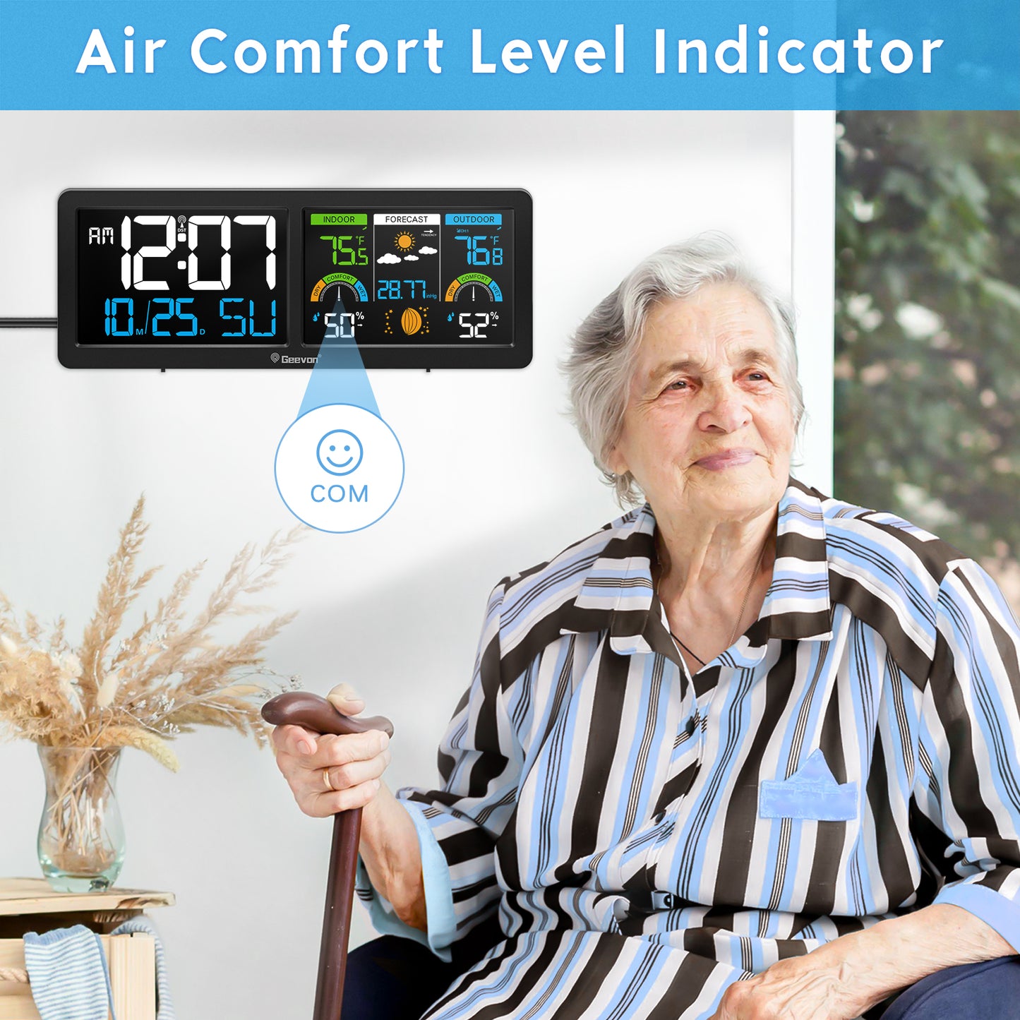 Geevon Weather Station Wireless Indoor Outdoor Thermometer with Atomic Clock, HD Color Display Digital Temperature Humidity Monitor with Barometer, Comfort Indicator, and Adjustable Backlight