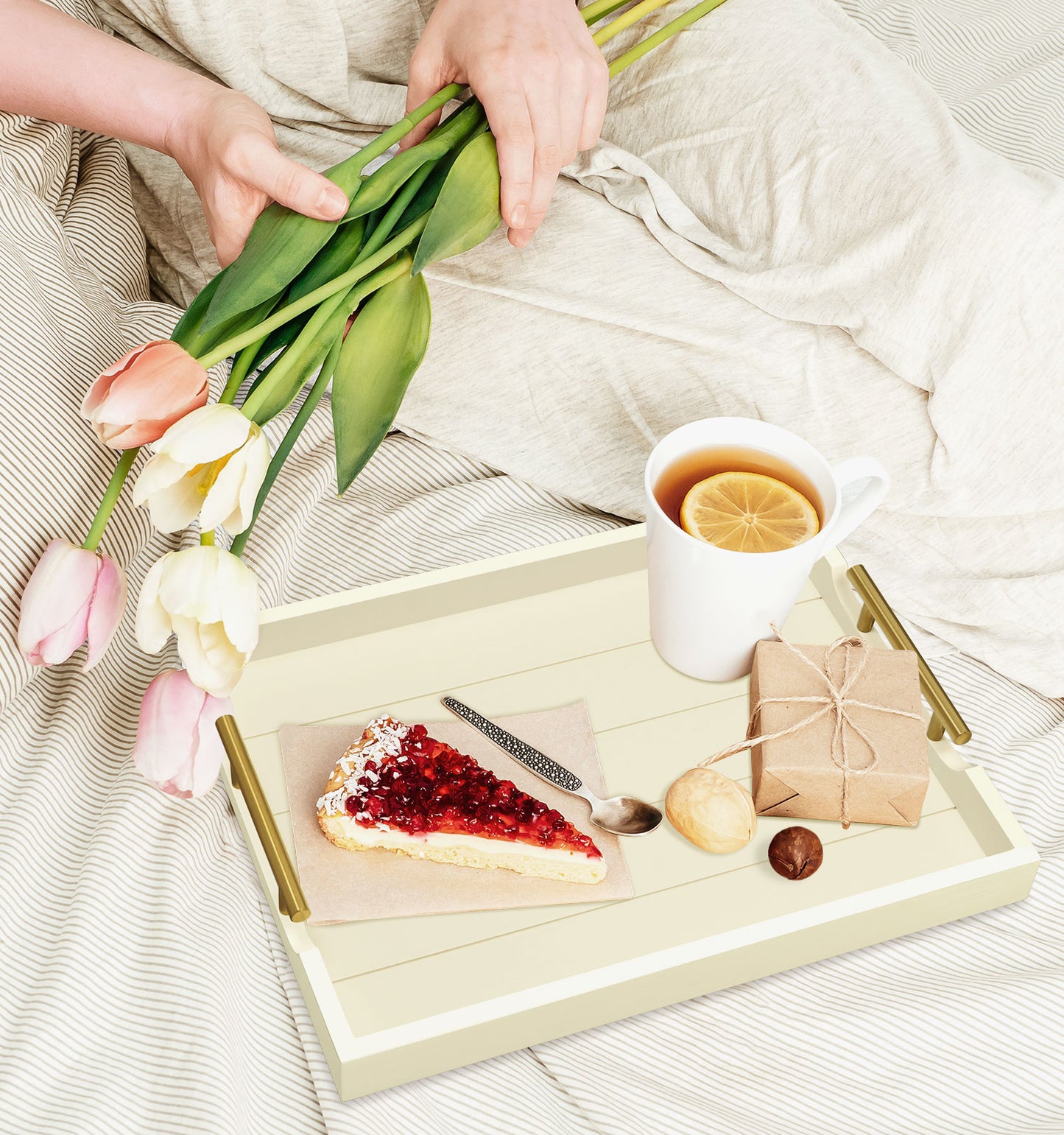 Sxnows Coffee Table Trays - Large Ottoman Tray for Living Room -Wood Serving Tray with 2 Sets of Handles - Wooden Tray for Coffee Table, 4 Round Coasters Included(Off-White)