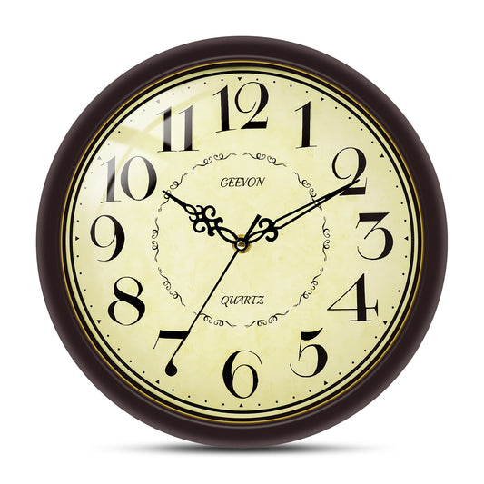 Geevon 12 IN Retro Wall Clock No Ticking Sound, Wall Clock with Quartz Accents and Vintage Patterns, Frame with Gold Border for Kitchen, Bedroom, Office, Classroom, Living Room Decor (Reddish Brown)