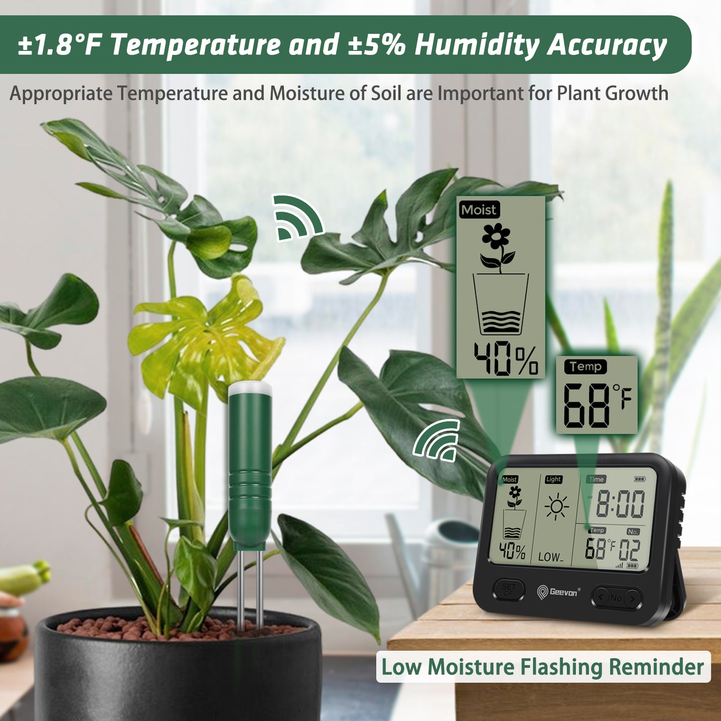 Geevon 4-in-1 Plant Soil Moisture Meter with Wireless 492Ft/150M Range, Temperature,Sunlight, and Time for Indoor Outdoor Plants