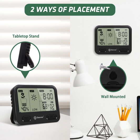 Geevon 4-in-1 Plant Soil Moisture Meter with Wireless 492Ft/150M Range, Temperature,Sunlight, and Time for Indoor Outdoor Plants