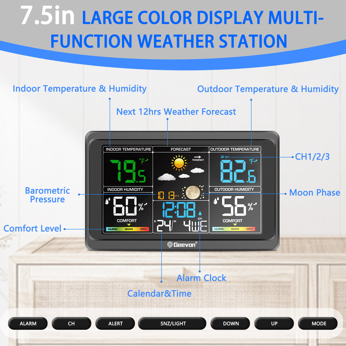 Geevon Weather Station Wireless Indoor Outdoor Thermometer, Color Display Digital Weather Thermometer with Atomic Clock, Barometric Pressure, Calendar, USB Charge, and Backlight