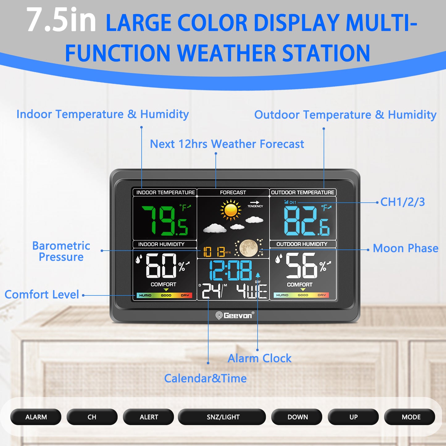 Geevon Weather Station Wireless Indoor Outdoor Thermometer, Color Display Digital Weather Thermometer with Atomic Clock, Barometric Pressure, Calendar, USB Charge, and Backlight