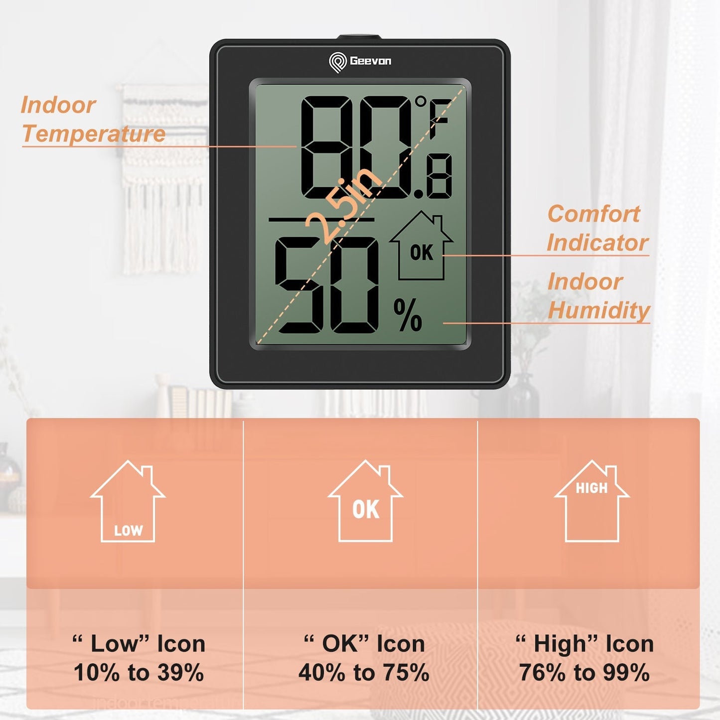 Geevon Hygrometer Indoor Thermometer Room Humidity Gauge with Battery,Digital Temperature Gauge Humidity Meter Indicator for Home, Office, Greenhouse, Mini Hygrometer,Black