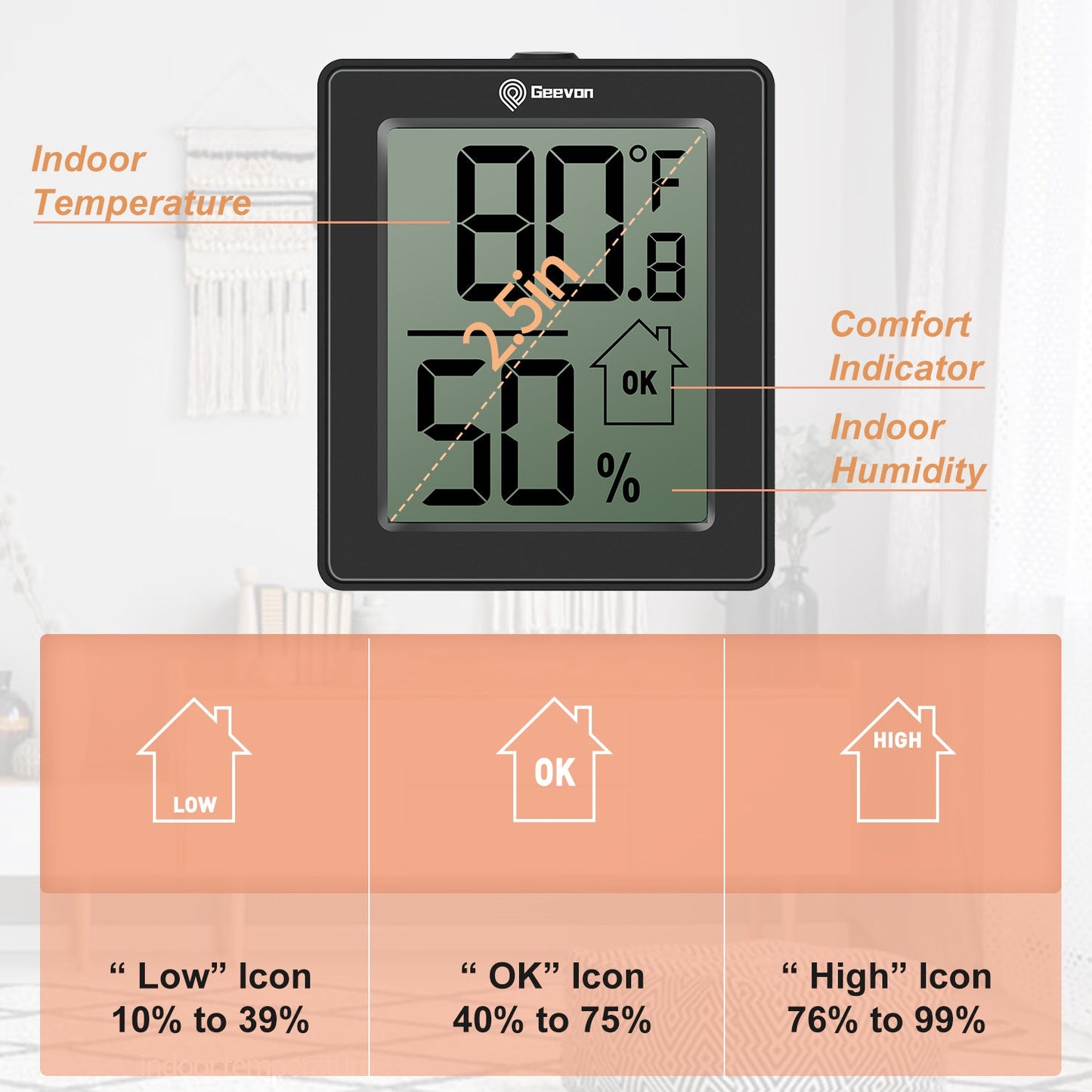 Geevon Hygrometer Indoor Thermometer Room Humidity Gauge with Battery,Digital Temperature Gauge Humidity Meter Indicator for Home, Office, Greenhouse, Mini Hygrometer,Black 2pack