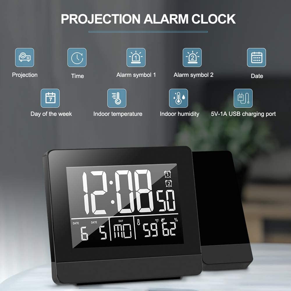 Geevon Projection Alarm Clock with Indoor Thermometer Hygrometer,USB Phone Charger,Dual Alarms,Dimmable Backlight Digital Clock Ceiling Projector for Bedroom