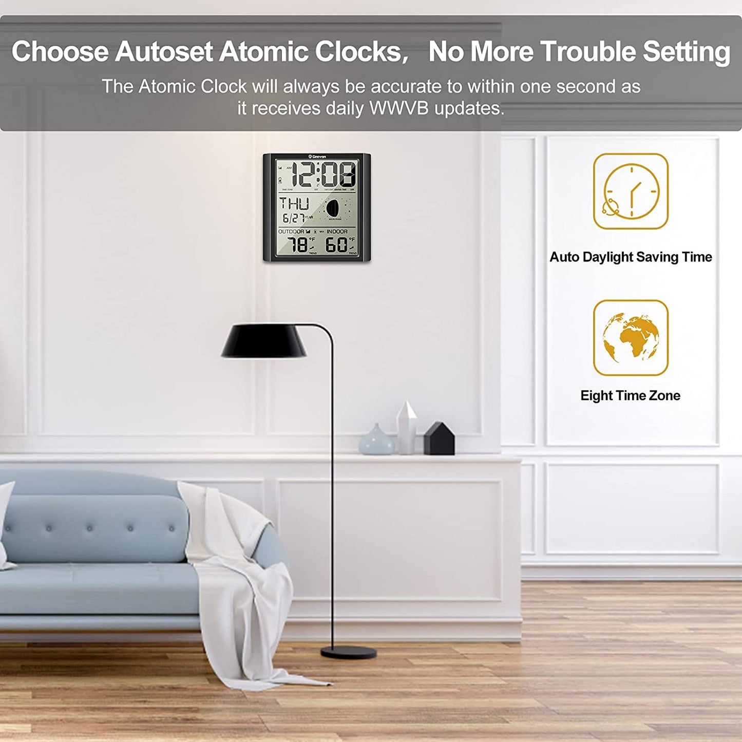Geevon Digital Atomic Wall Clock,Auto-Set Atomic Alarm Clock with Indoor Outdoor Temperature,Calendar,Moon Phase for Home Office Elderly(1 Wireless Outdoor Sensor)