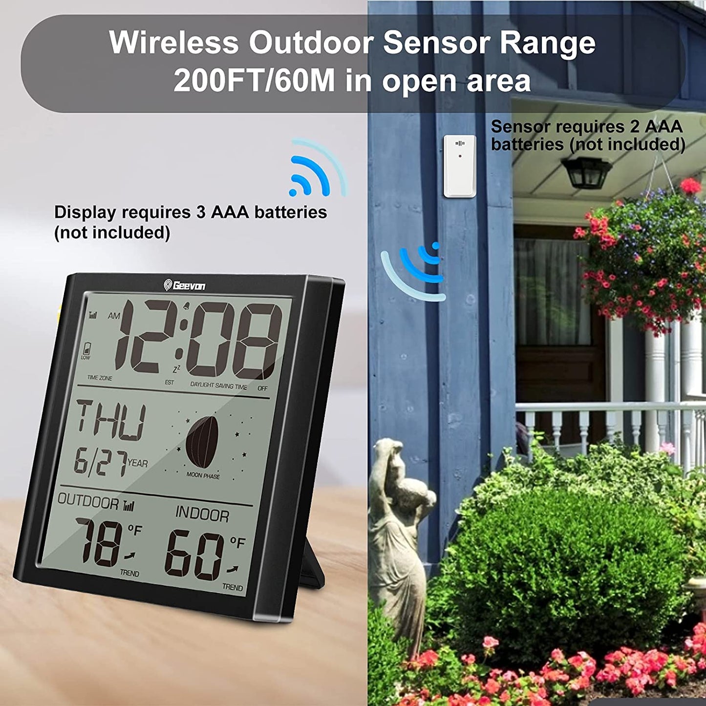 Geevon Digital Atomic Wall Clock,Auto-Set Atomic Alarm Clock with Indoor Outdoor Temperature,Calendar,Moon Phase for Home Office Elderly(1 Wireless Outdoor Sensor)