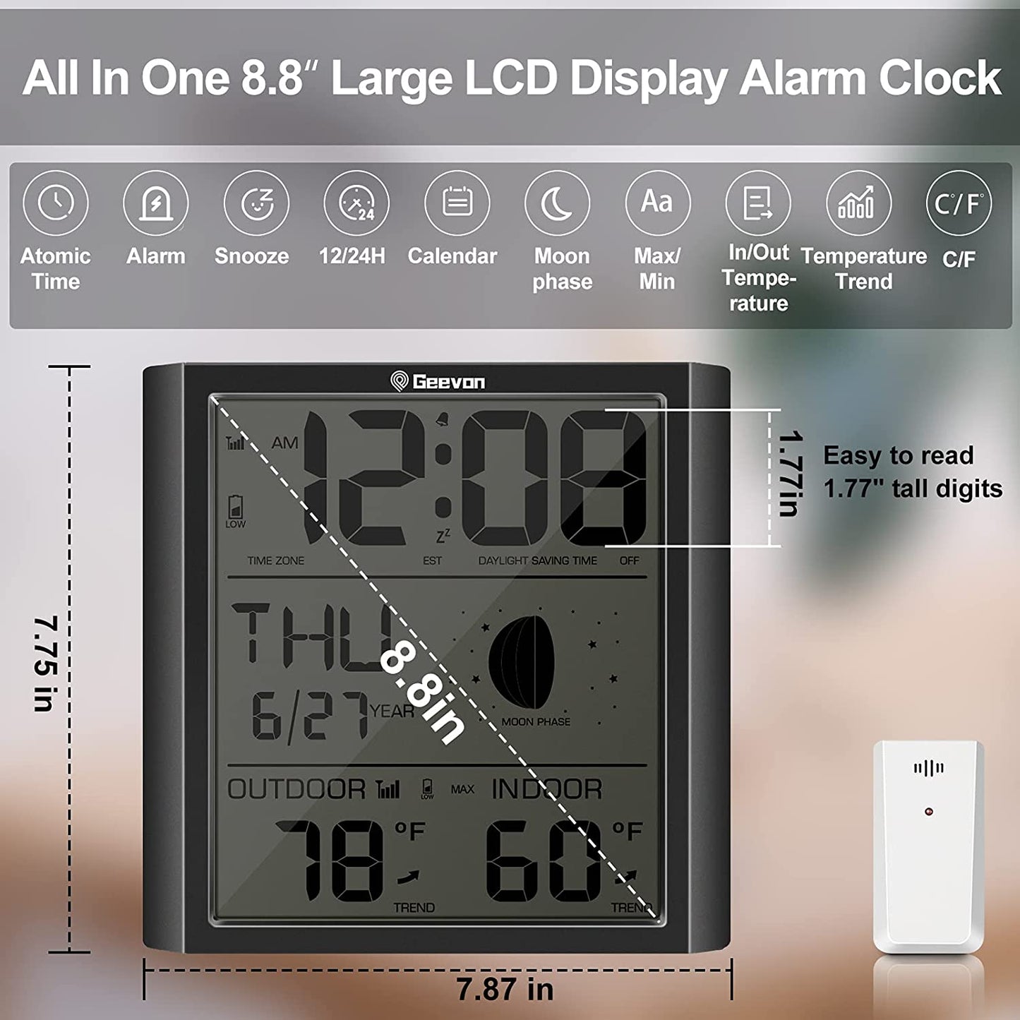 Geevon Digital Atomic Wall Clock,Auto-Set Atomic Alarm Clock with Indoor Outdoor Temperature,Calendar,Moon Phase for Home Office Elderly(1 Wireless Outdoor Sensor)