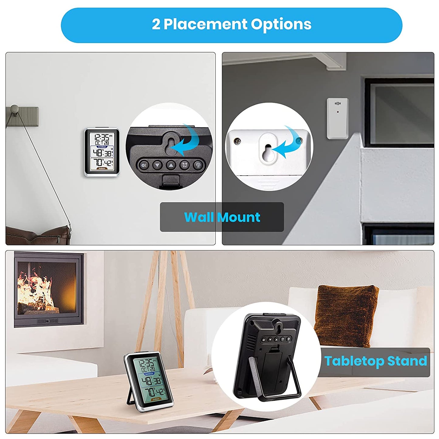 GEEVON Indoor Outdoor Thermometer Wireless Digital Hygrometer Temperature Gauge with Time,200ft/60m Range Temperature Humidity Sensor