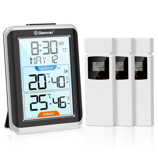 Geevon Indoor Outdoor Thermometer Wireless with 3 Remote Sensors, Wireless Thermohygrometer with Time, 10 Seconds Backlight, 200ft/60M Range Digital Temperature Humidity Meter