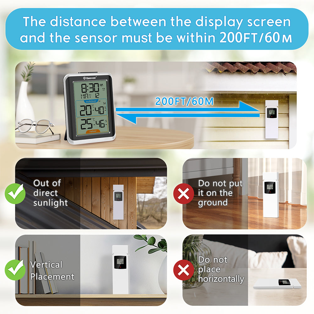 Geevon Indoor Outdoor Thermometer Wireless with 3 Remote Sensors, Wireless Thermohygrometer with Time, 10 Seconds Backlight, 200ft/60M Range Digital Temperature Humidity Meter