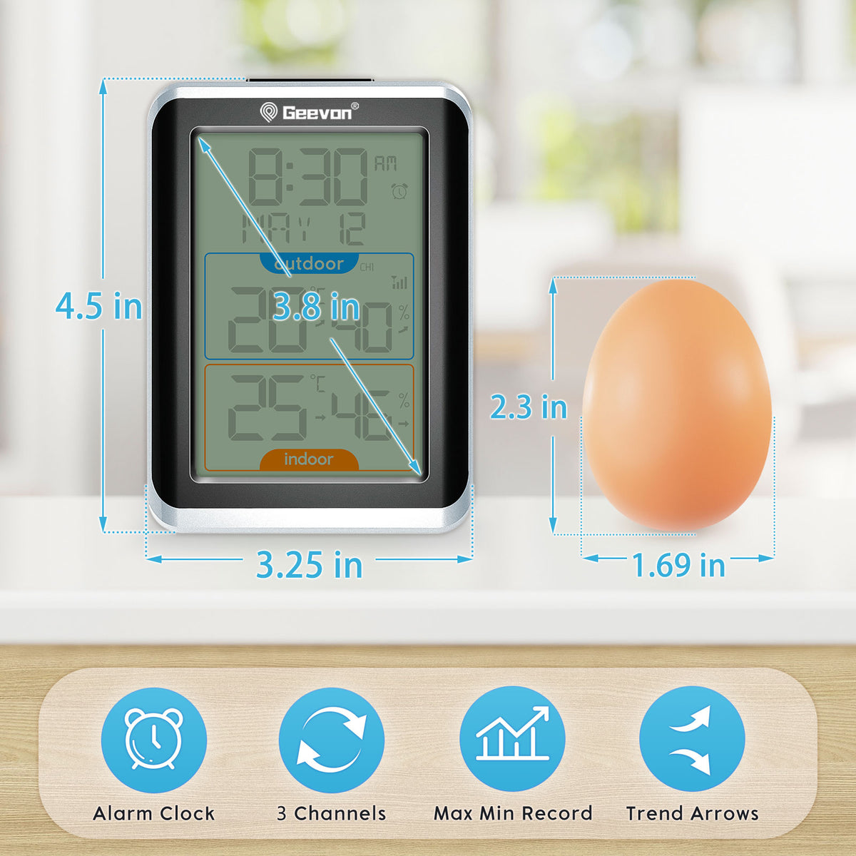 Geevon Indoor Outdoor Thermometer Wireless with 3 Remote Sensors, Wireless Thermohygrometer with Time, 10 Seconds Backlight, 200ft/60M Range Digital Temperature Humidity Meter